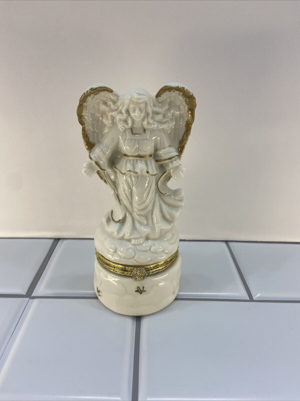 White Angel Trinket Box Figure Vintage Porcelain