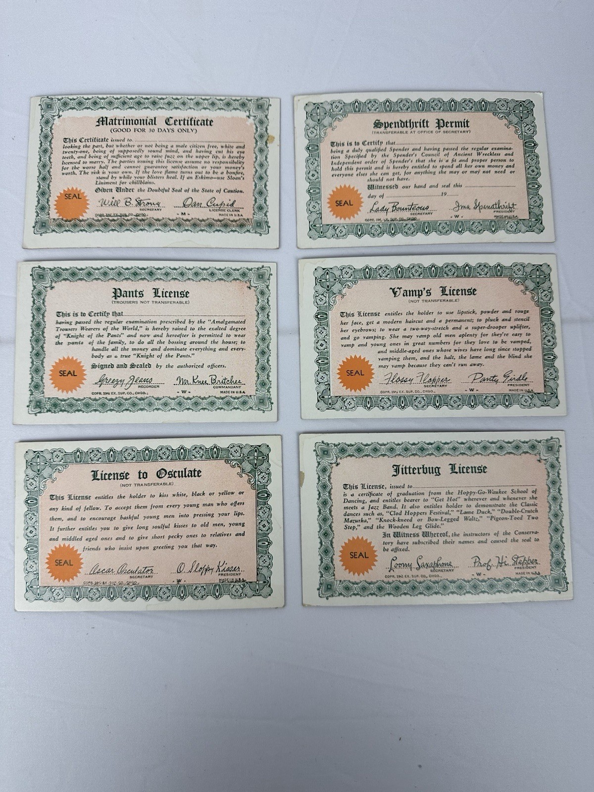Vintage 1940s Novelty Certificates Lot Matrimonial Pants License Vamp Etc. Vintage 1940s Novelty Certificates Lot Matrimonial Pants License Vamp Etc.
