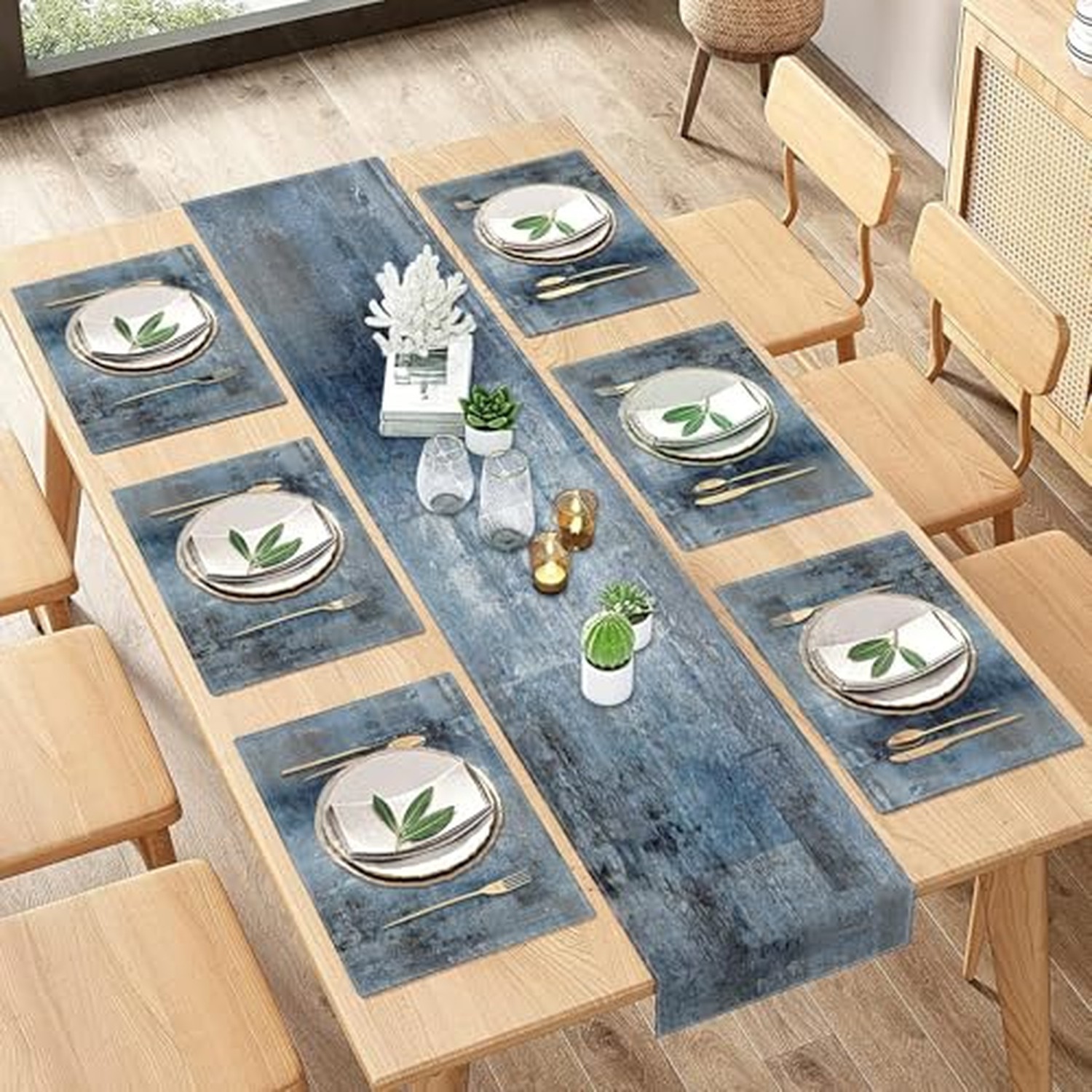 ArtSocket Table Runner and Placemats Set of 6, Vintage Blue Gray Art ArtSocket Table Runner and Placemats Set of 6, Vintage Blue Gray Art