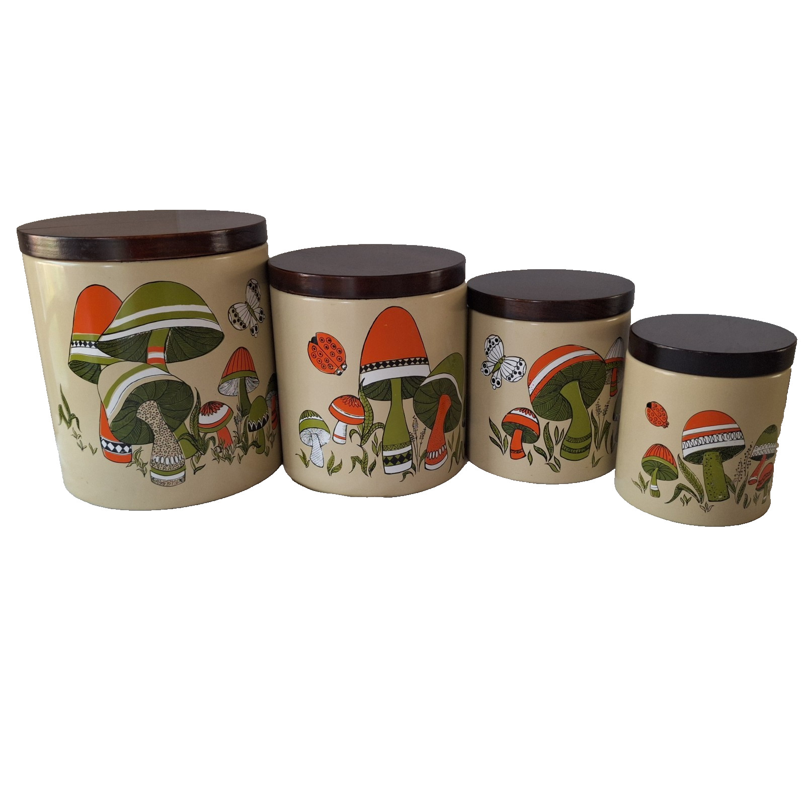 Vintage 1970s Ransburg Mushroom Butterfly Canister Set 4 Wood Lids MCM Vintage 1970s Ransburg Mushroom Butterfly Canister Set 4 Wood Lids MCM
