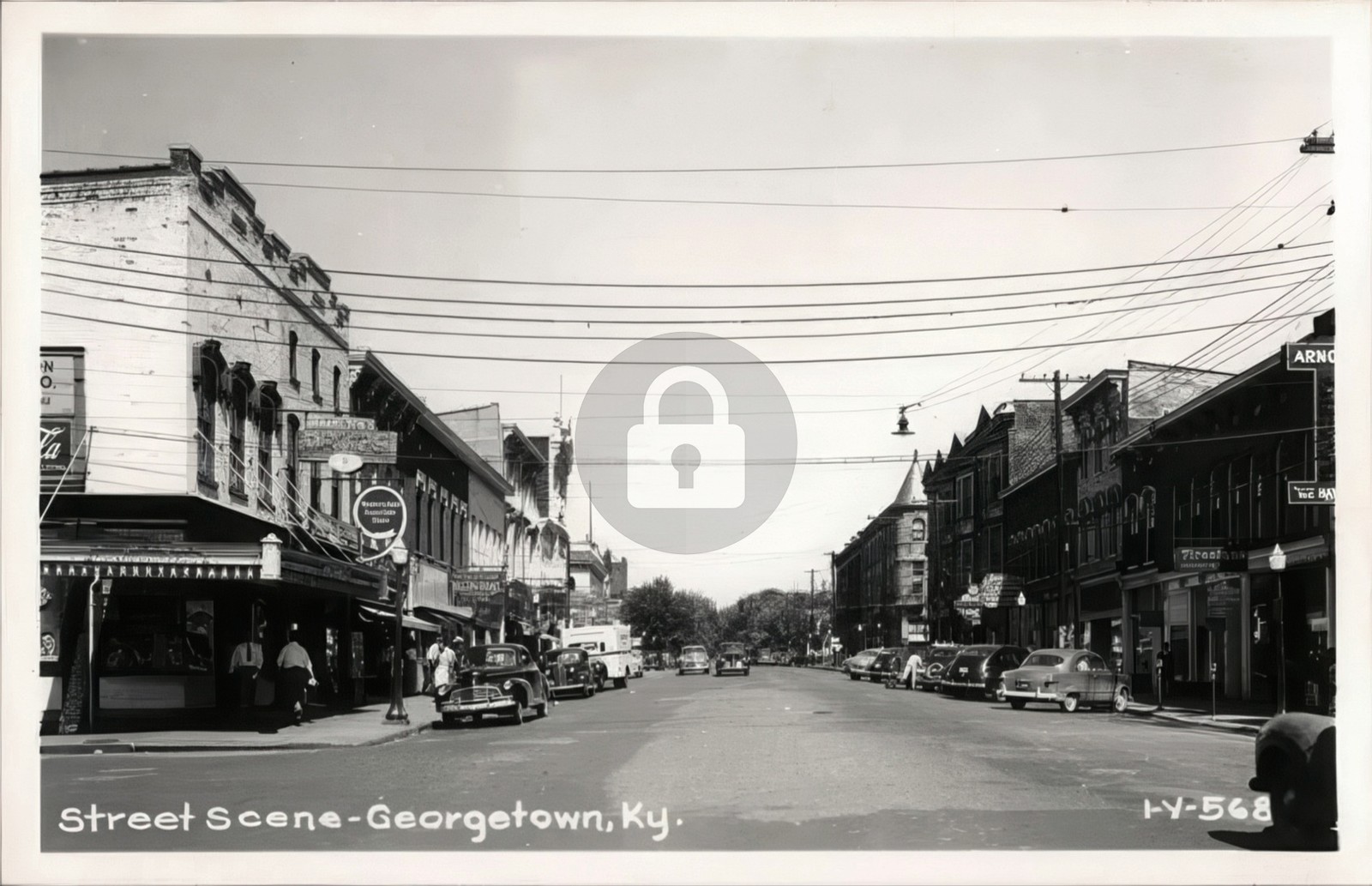 Downtown Georgetown Street Scene w/ Cars Businesses KY Cline RPPC Postcard COPY