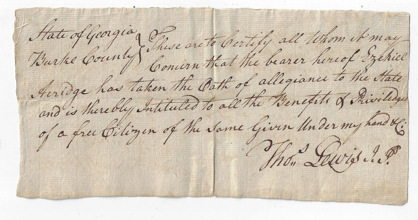 Manuscript Oath of Loyalty State of Georgia  1790s Burke Co. Thomas Lewis JP