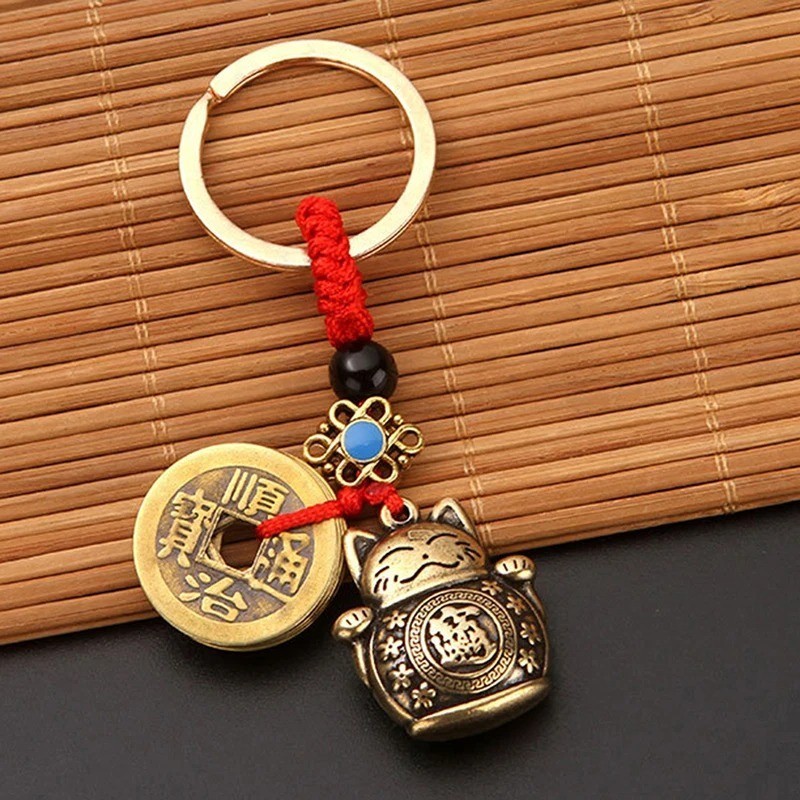 1Pc Vintage Pure Handmade Lucky Cat Car Keychain Lucky Cat Five Emperors Money 1Pc Vintage Pure Handmade Lucky Cat Car Keychain Lucky Cat Five Emperors Money