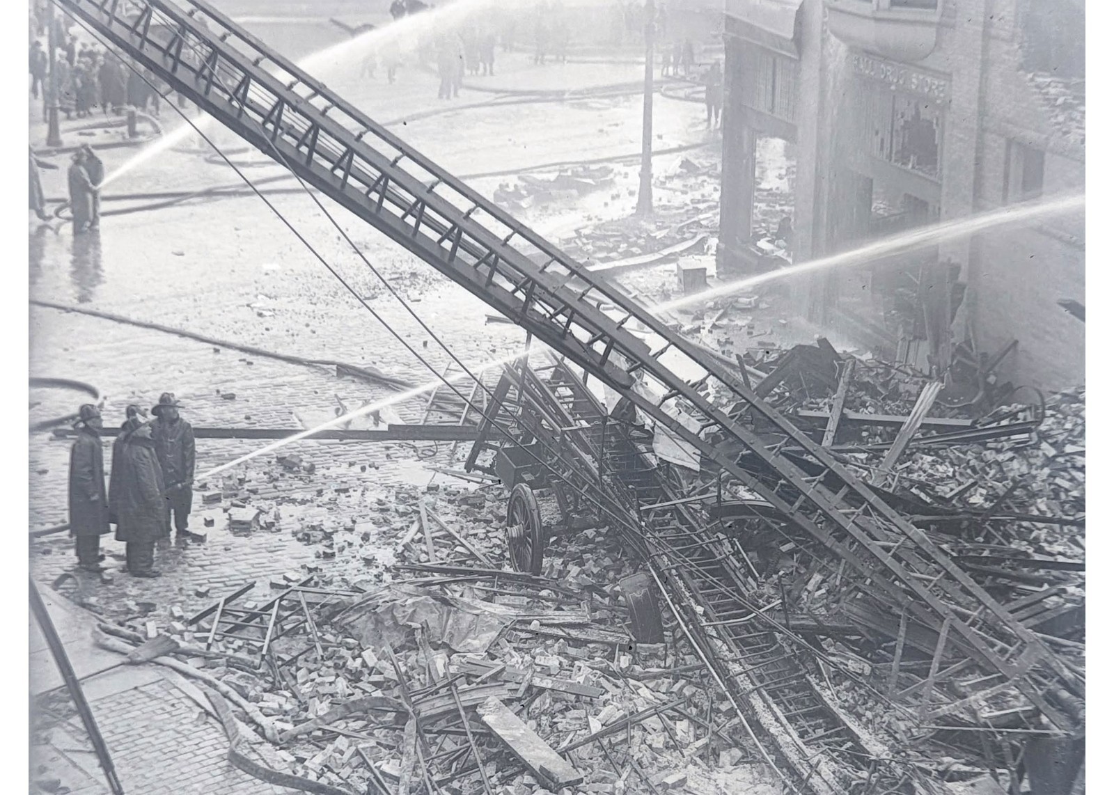 1924 Lowell Massachusetts Fire Truck Wrecked Building Collapse Glass Negative