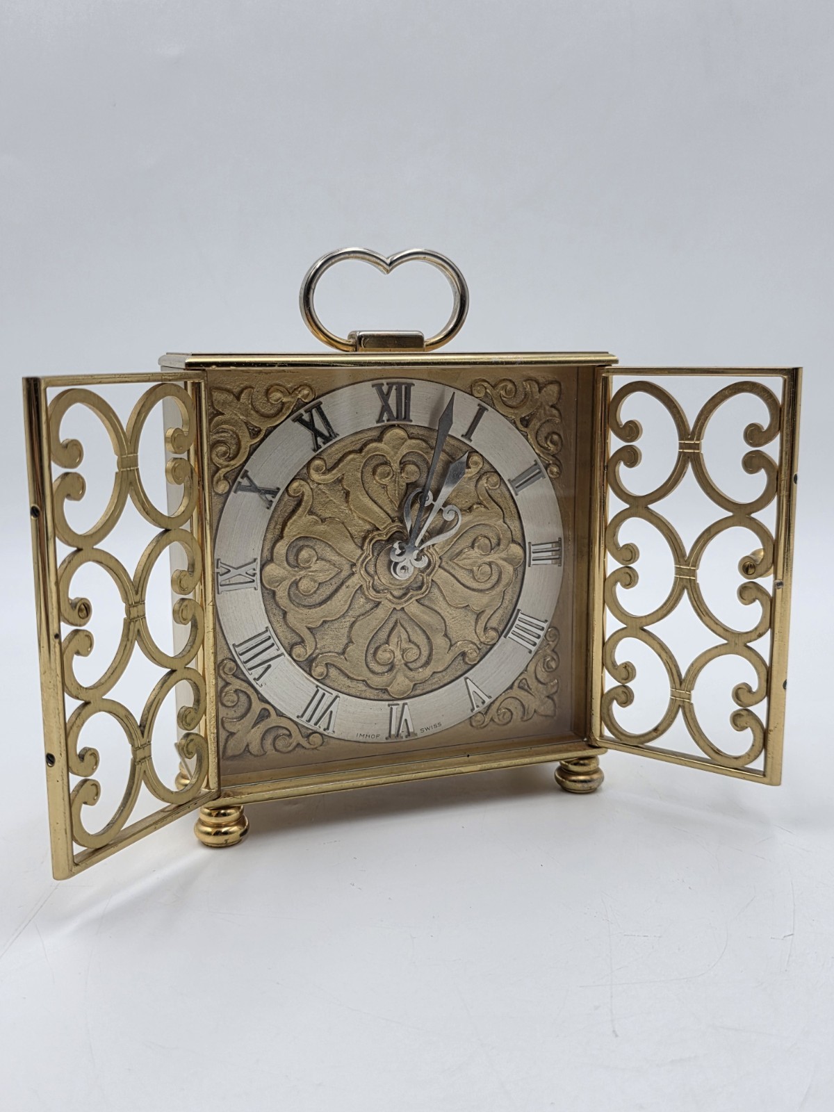 Ultra Rare Arthur Imhof Swiss 8 Day 15 J Gilt Brass Clock Pierced Doors. Works