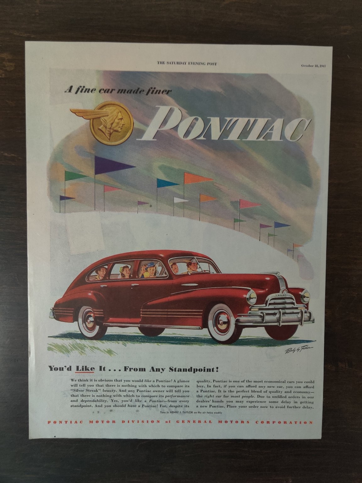 Vintage 1947 Pontiac Classic Red Car Full Page Original Ad