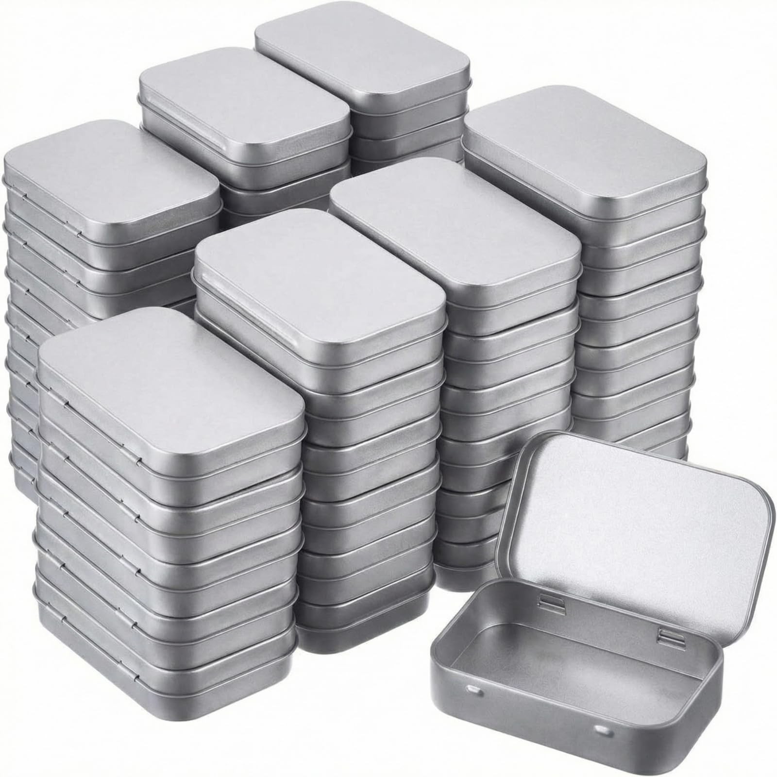 Hotop 120 Pack Small Metal Rectangular Hinged Tin Box Silver