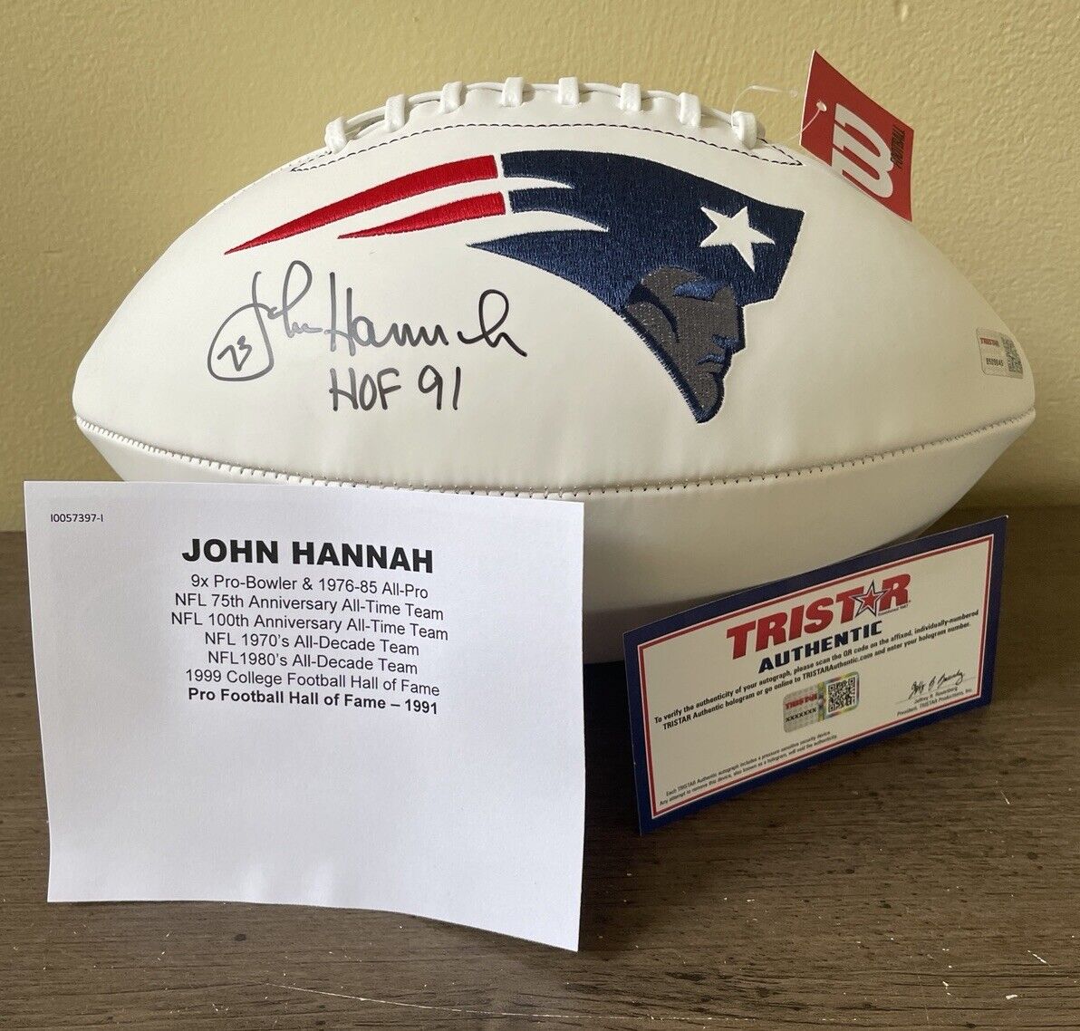 John Hannah HOF 91’ Signed New England Patriots Logo Football Tristar Certified
