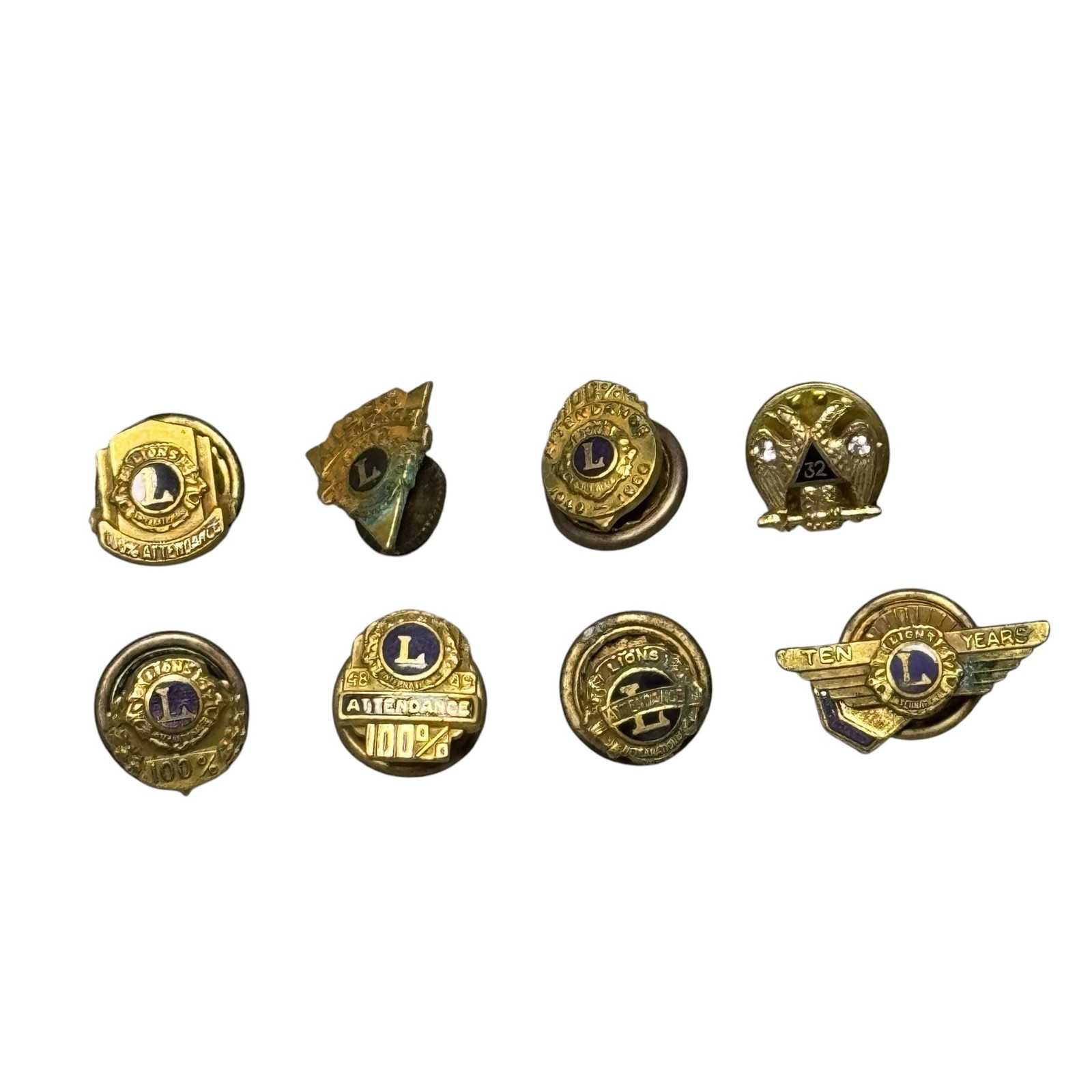 Vintage Lions Club Attendance Lapel Pins Lot 8 10 Years Gold Tone 32nd Degree