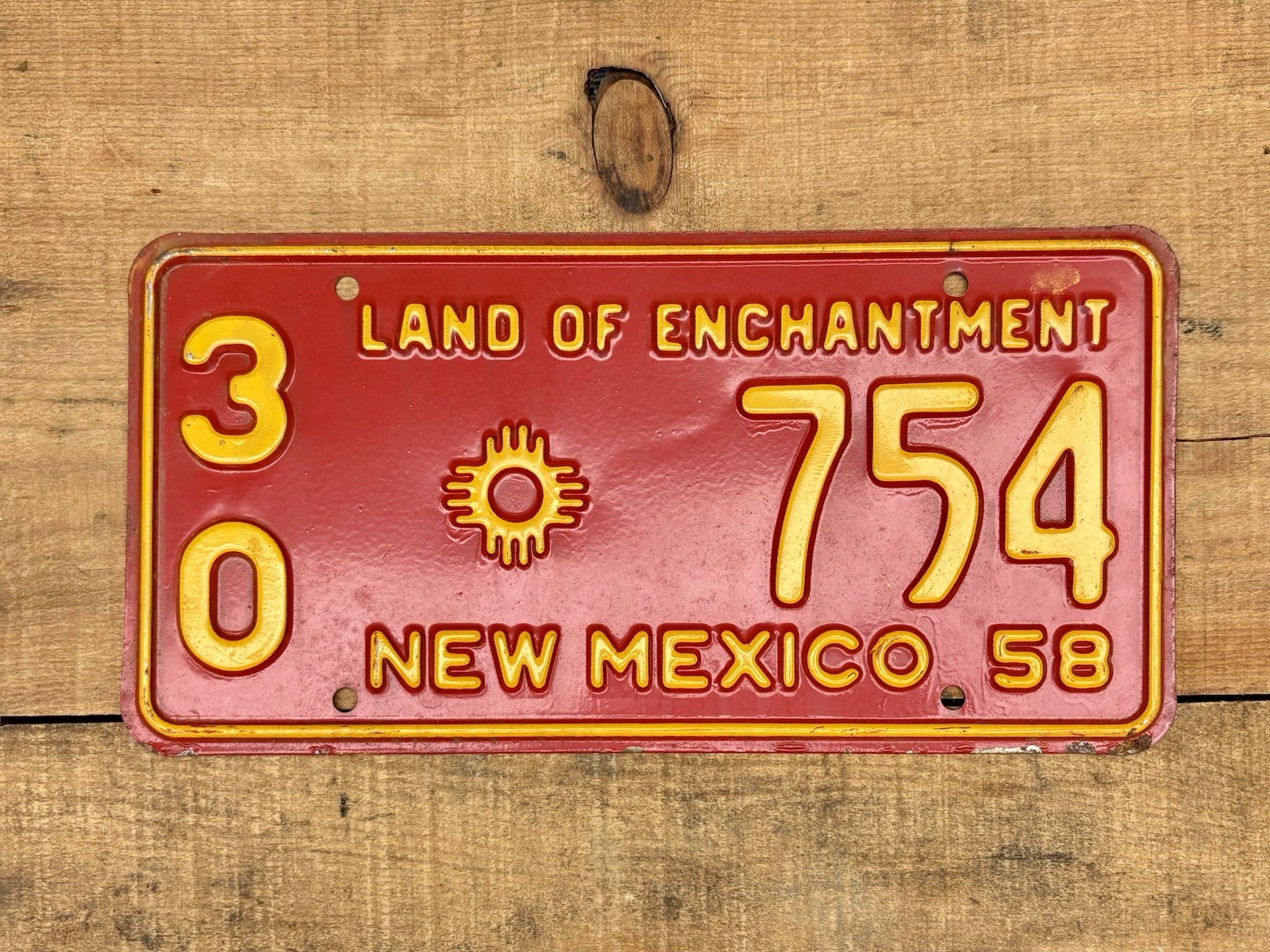 Vintage 1958 New Mexico Red & Yellow County Auto License Plate Number #30 754
