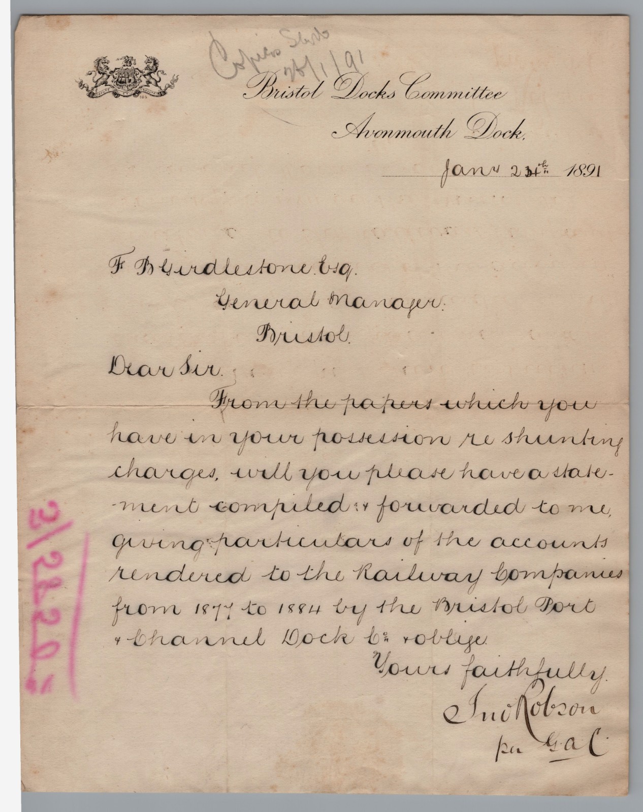 1891 Letter  Bristol Docks Committee - Re: Shunting Charges Signed
