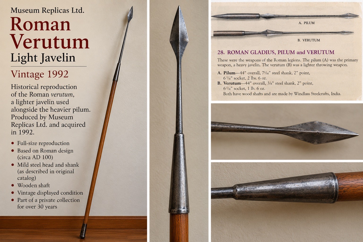 Vintage Museum Replicas Roman Pilum & Verutum Javelin Spear Pair 1992