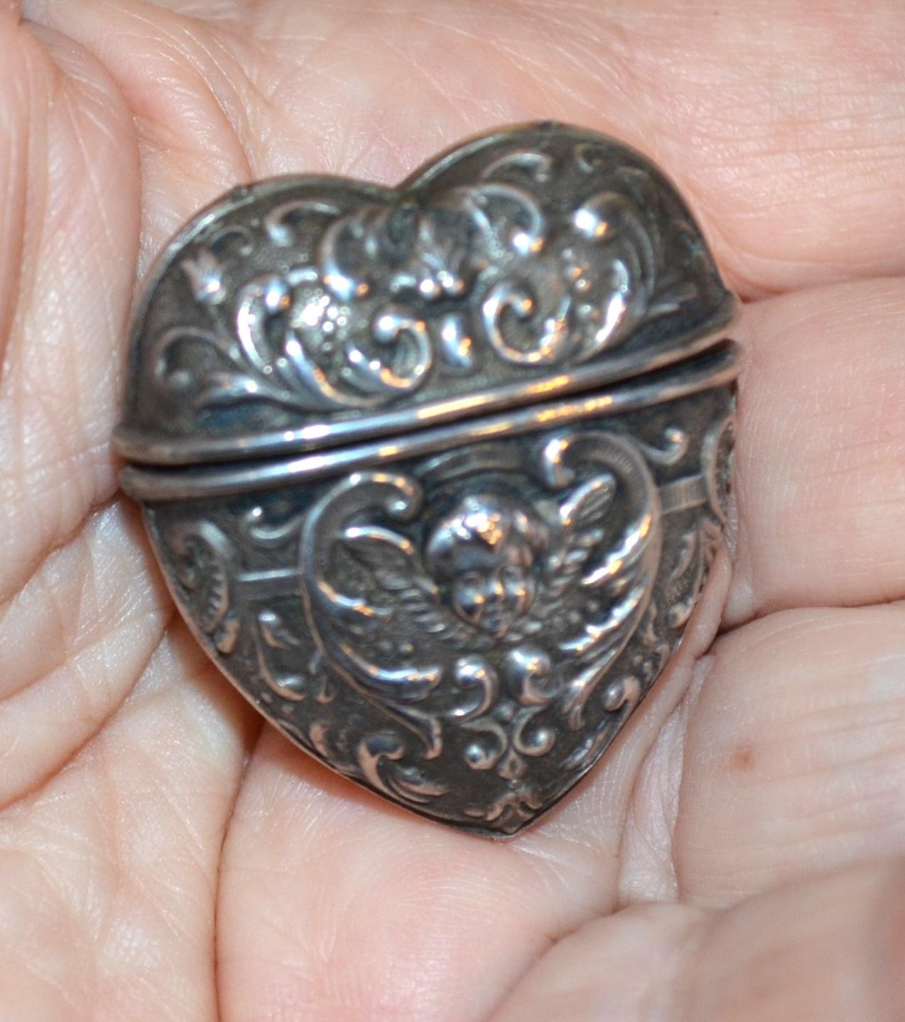Antique Victorian Sterling Silver Repousse Heart / Vinaigrette / Pill Box Cherub Antique Victorian Sterling Silver Repousse Heart / Vinaigrette / Pill Box Cherub