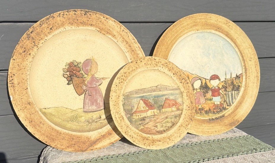3 Vintage Canada Artist Hubert Du Roscoat Signed Pottery Textured Plates MCM 3 Vintage Canada Artist Hubert Du Roscoat Signed Pottery Textured Plates MCM