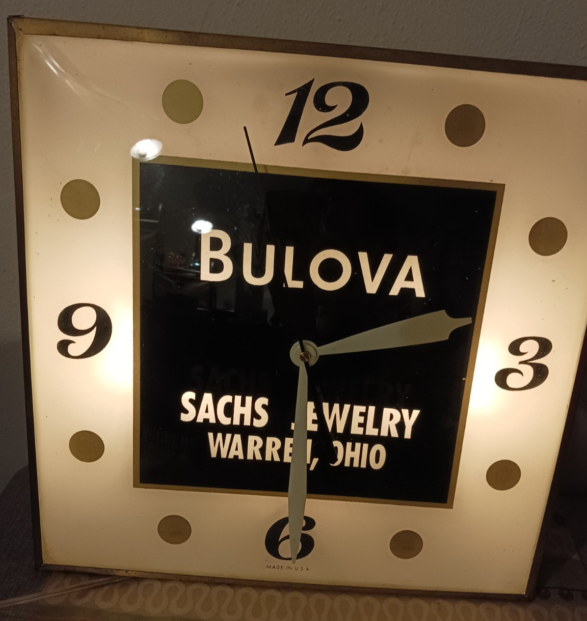 Vintage BULOVA Wall Clock Light Up Amber from Ohio Jewelry Store 1970\'s-Works Vintage BULOVA Wall Clock Light Up Amber from Ohio Jewelry Store 1970\'s-Works