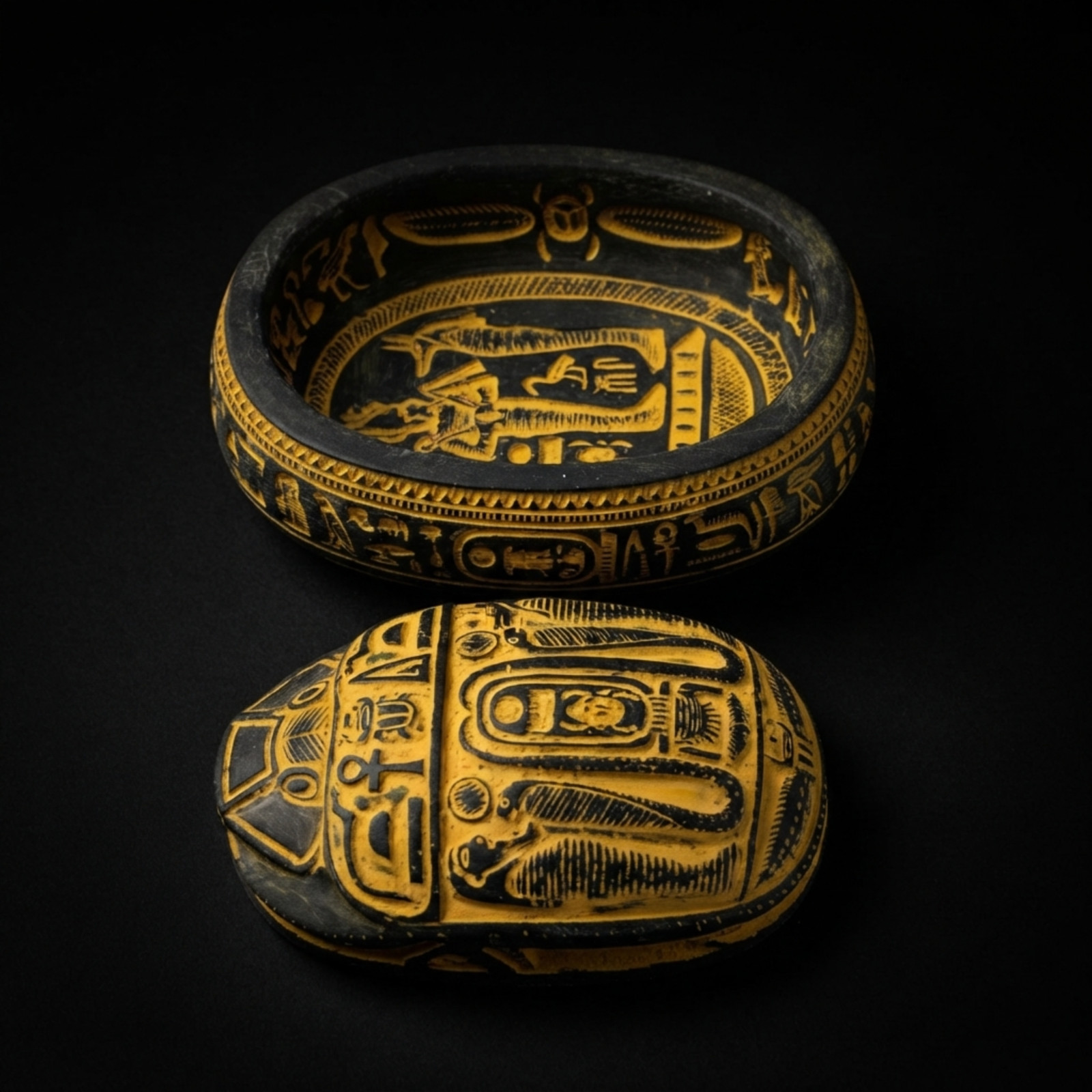 Unique Antique Egyptian Scarab Stone Box Anubis Hieroglyphics Jewelry Keeper
