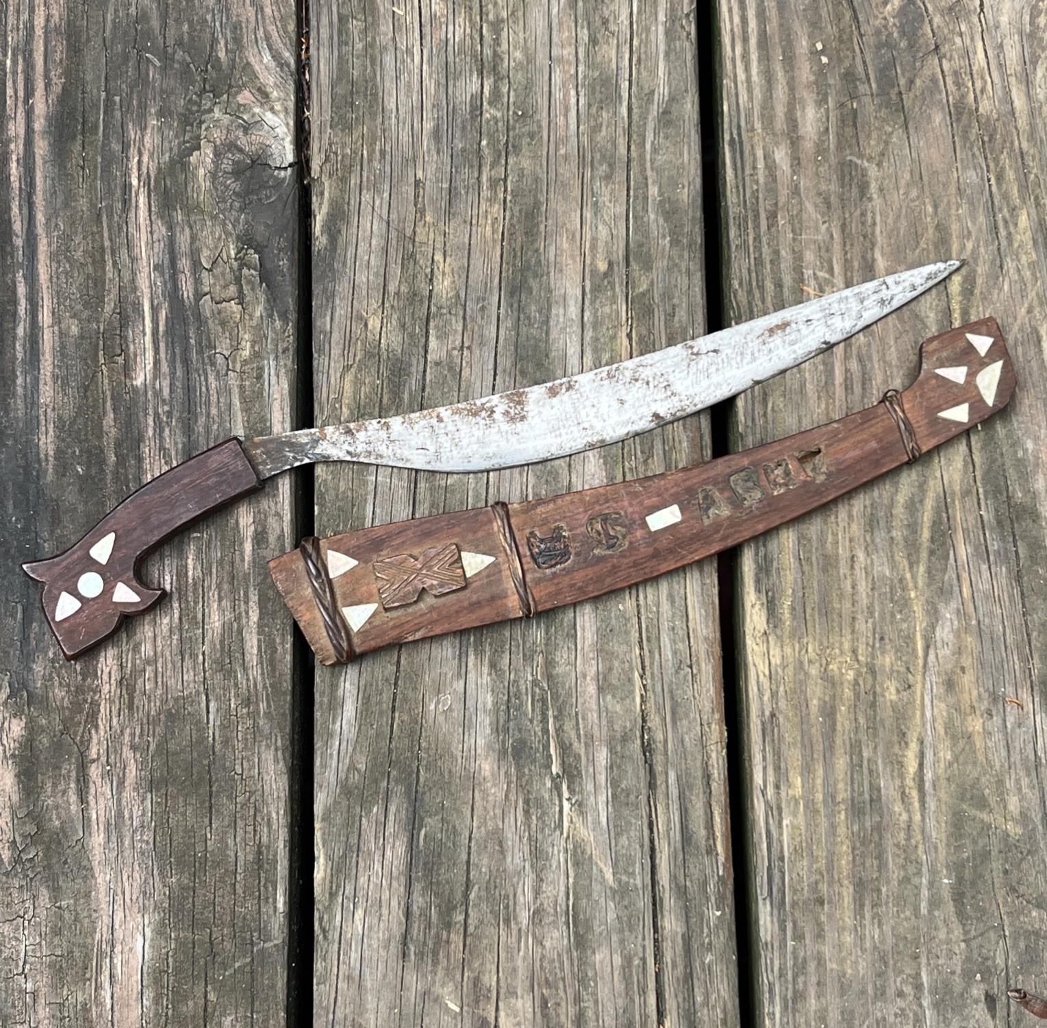 WWll Era Filipino Bolo Talibong Knife Sword Curved Blade Wooden Scabbard Inlaid
