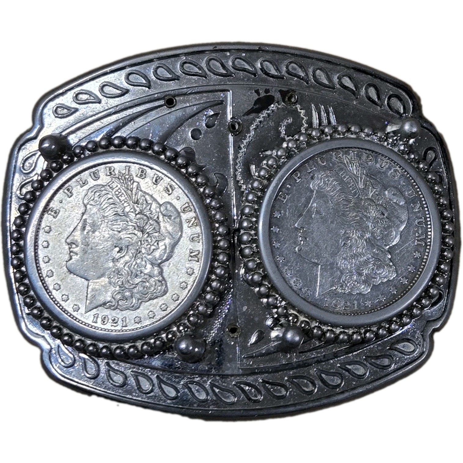 (2) Genuine 1921 Morgan Silver Dollars Held In Vintage Belt Buckle (2) Genuine 1921 Morgan Silver Dollars Held In Vintage Belt Buckle