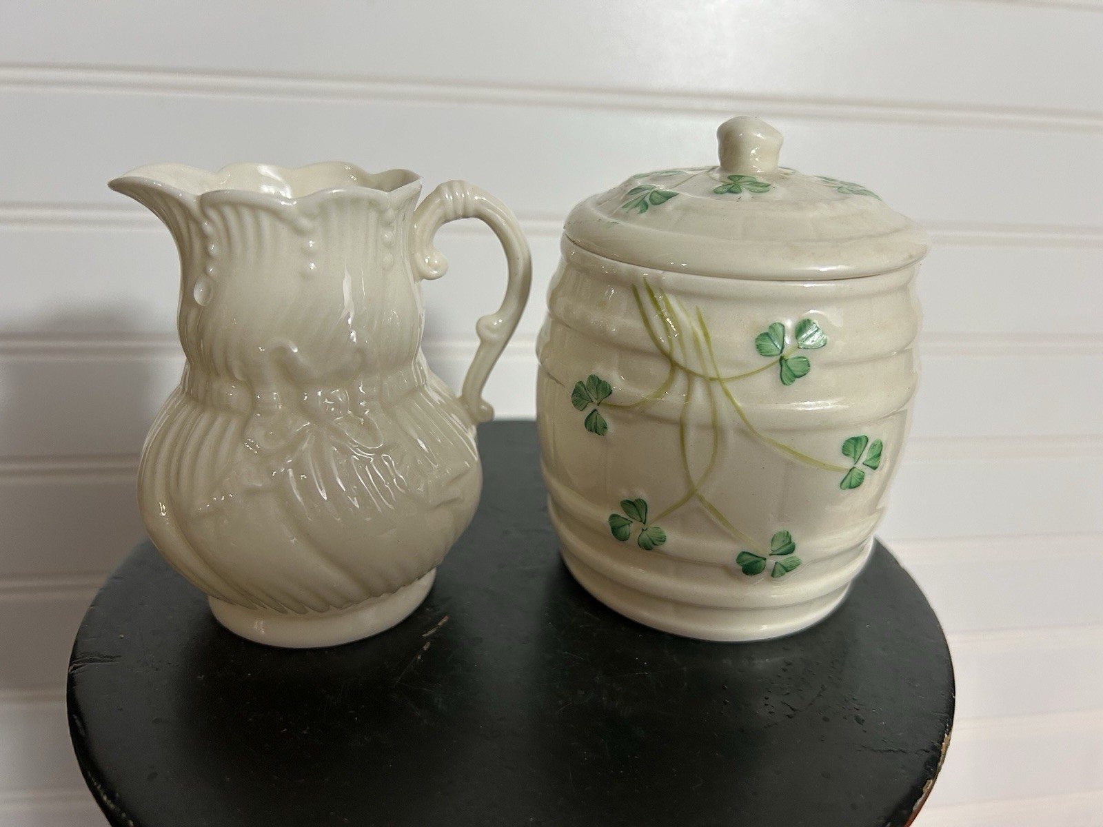 Pair vintage Belleek porcelain pitcher & shamrock barrel with lid ribbon lot