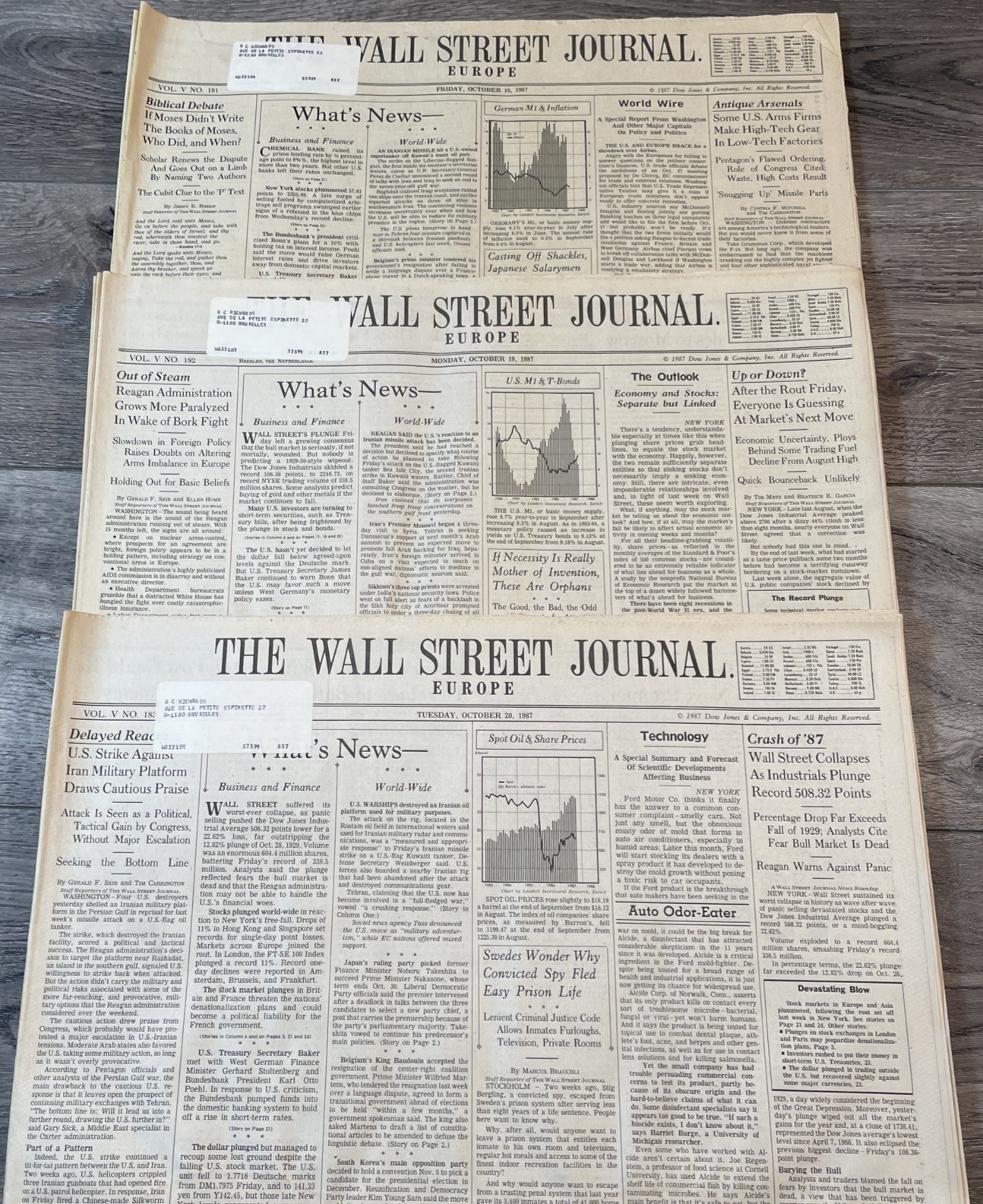 Stockmarket Crash Black Monday 1987 Wall Street Journal Newspaper Oct 16, 19, 20 Stockmarket Crash Black Monday 1987 Wall Street Journal Newspaper Oct 16, 19, 20