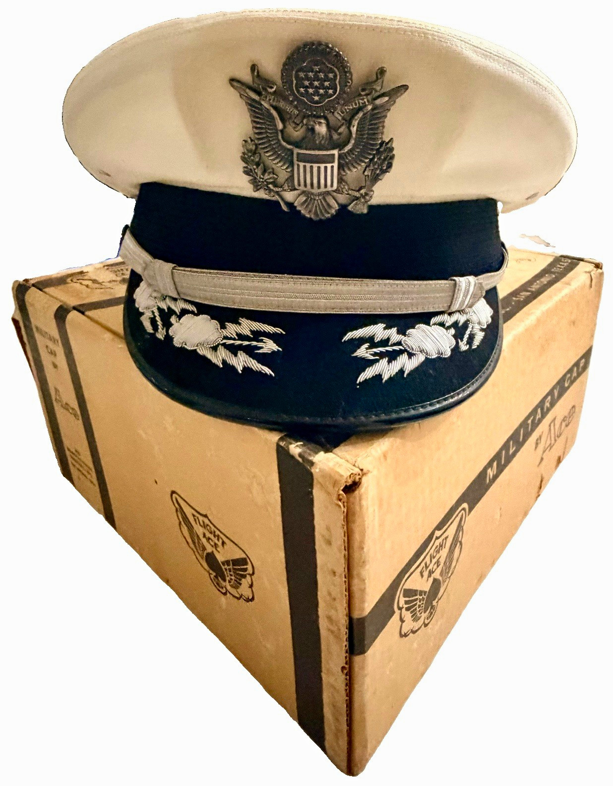 Vintage 1960s USAF Flight Ace Officer Visor Cap Hat ORIGINAL BOX Bags RARE SET