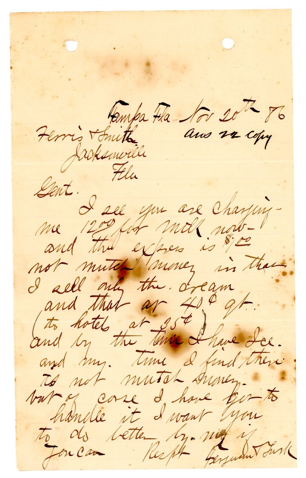 Antique 1886 Handwritten Letter from Tampa, FL Pricing Dispute for Ice Cream