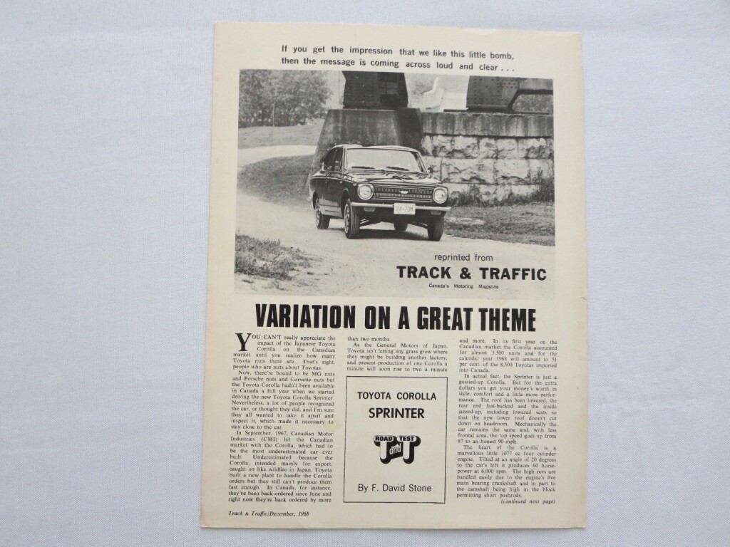 1968 1969 Toyota Corolla Sprinter Sales Brochure Road Test Catalog 