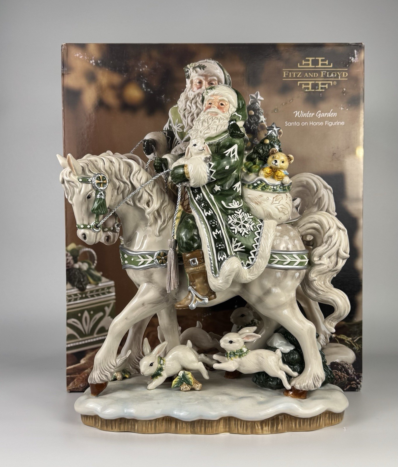 Fitz & Floyd Winter Garden Santa on Horse Figurine w Box Large 16” Fitz & Floyd Winter Garden Santa on Horse Figurine w Box Large 16”