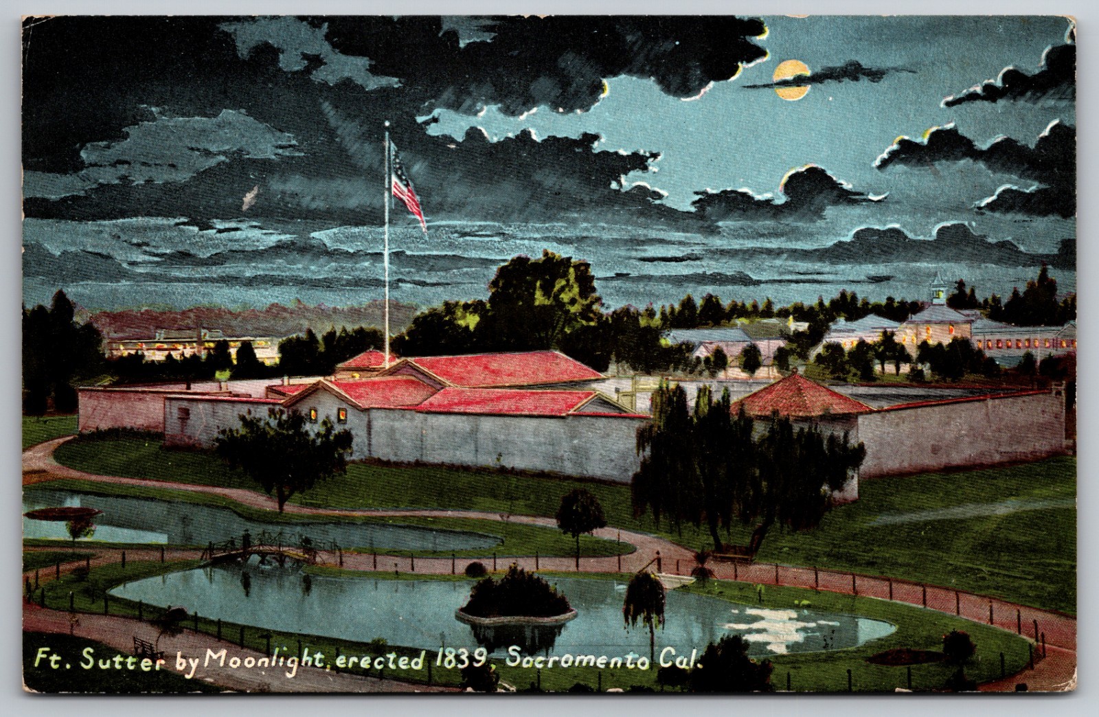 Sutter\'s Fort in Sacramento, California By Moonlight Night View - Postcard U1