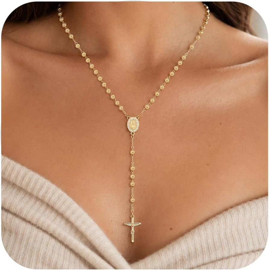 Women\'S Gold Catolicos Rosary Necklace - 14K Gold Plated Virgin Mary Rosary Bead