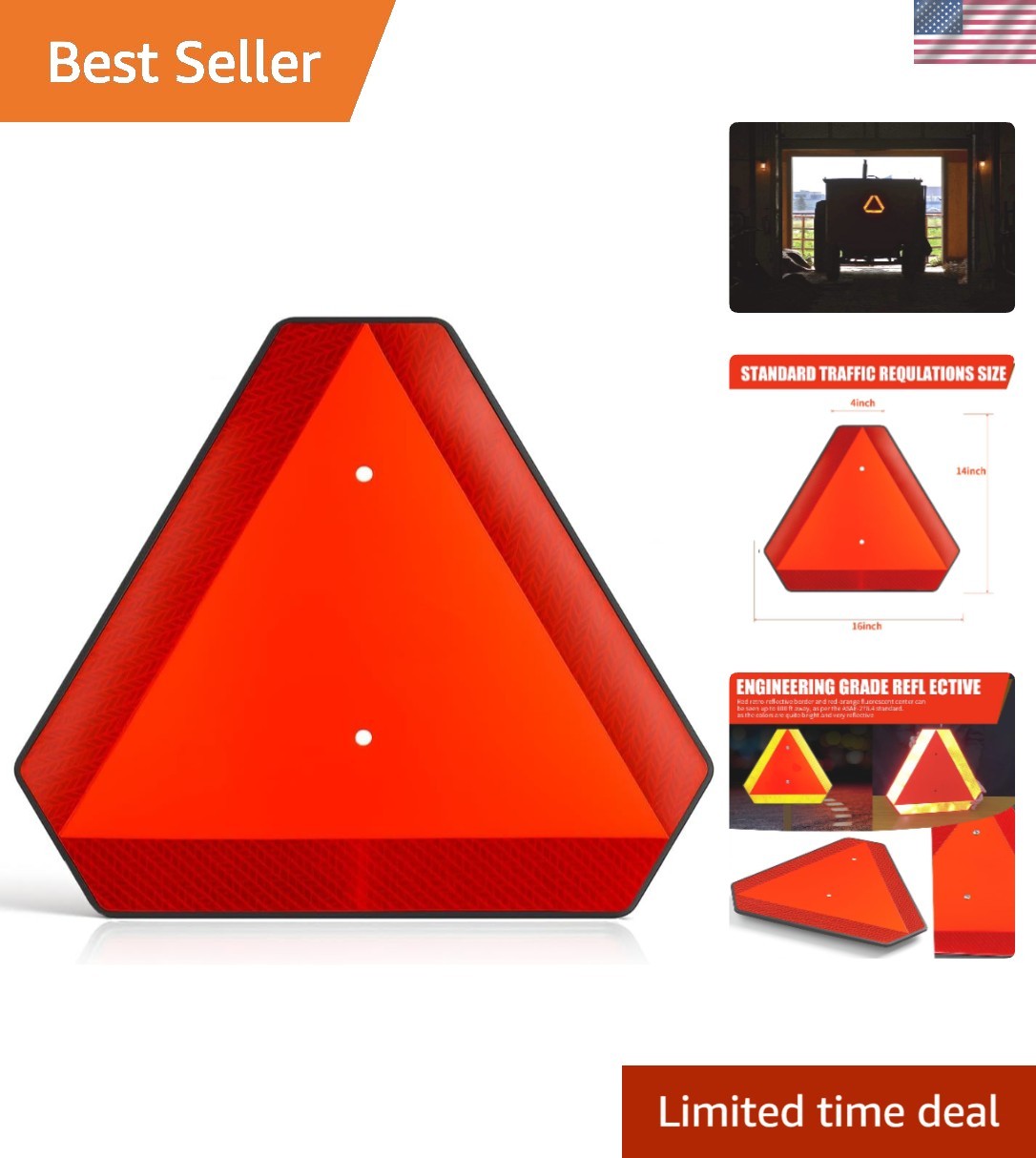 Durable 14x16 Slow Moving Vehicle Triangle Sign with Pre-Drilled Mounting Holes