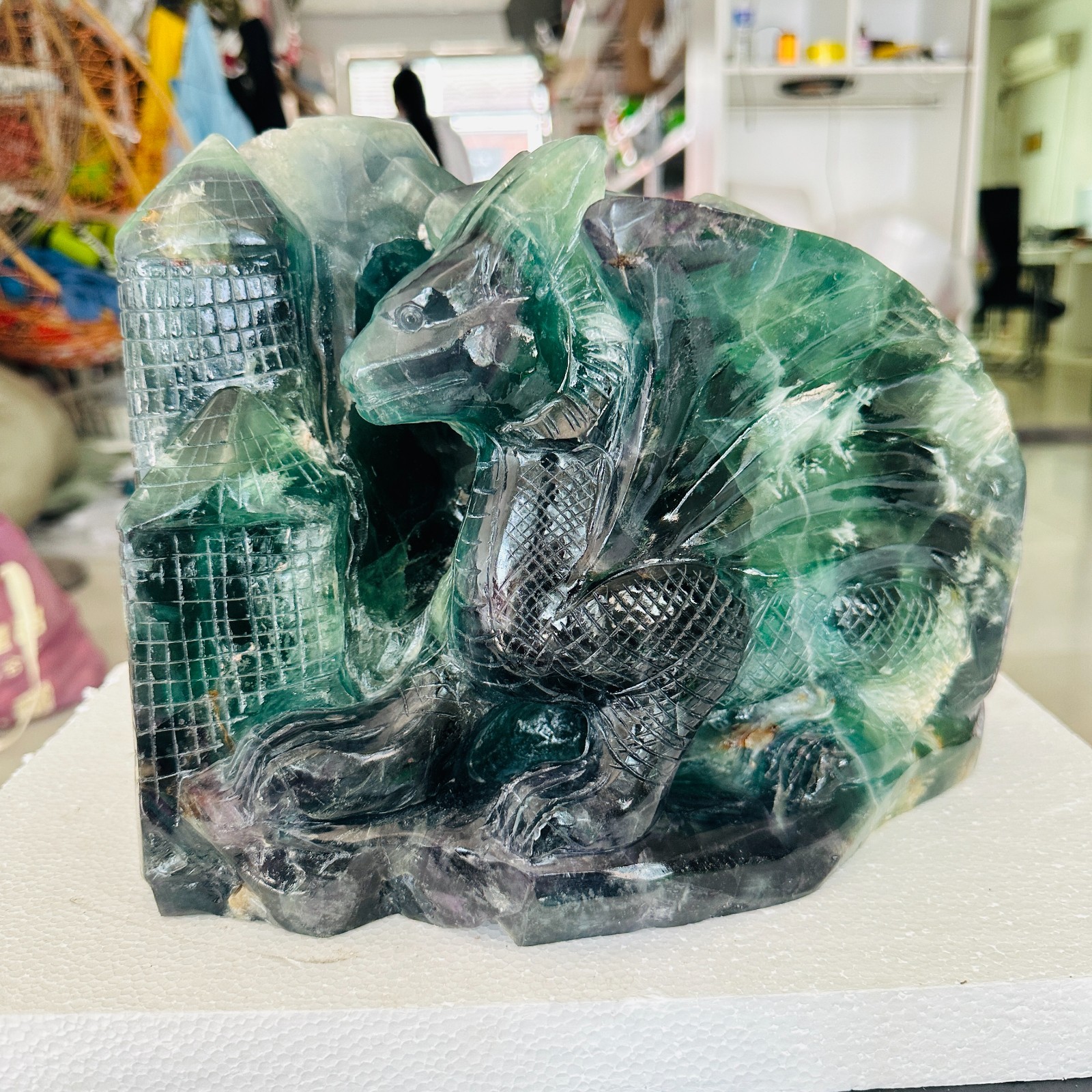 40LB Natural Crystal Fluorite Carved Dragon & Castle Carved Craftwork 40LB Natural Crystal Fluorite Carved Dragon & Castle Carved Craftwork