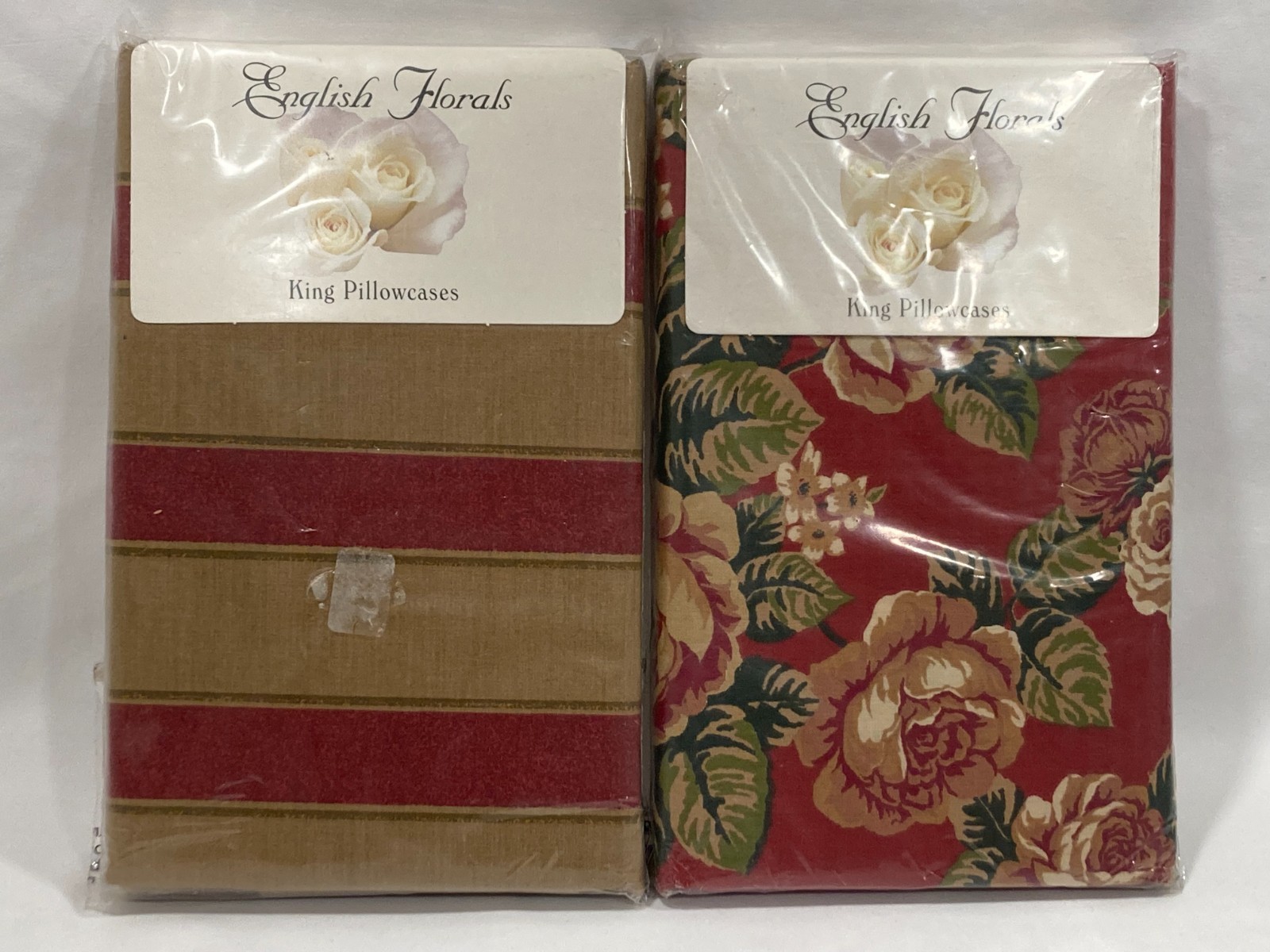 VTG English Florals King Size Pillowcases Red/Tan/Green Floral/Stripe - 4
