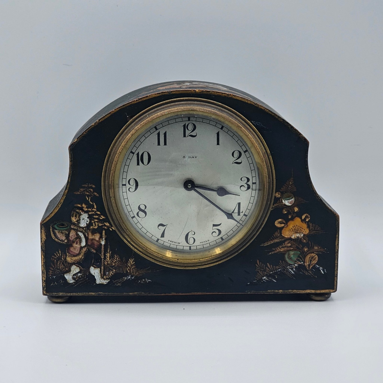 Vintage Bayard French 8 Day Mantel Clock Chinoiserie Black Gold Floral Working Vintage Bayard French 8 Day Mantel Clock Chinoiserie Black Gold Floral Working
