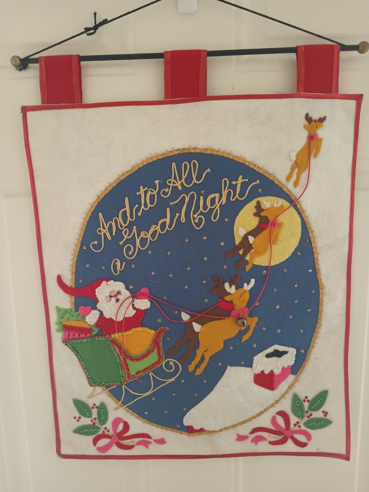 Vintage Handmade Felt Sequin Bucilla Santa Sleigh Christmas Wall Hanging Vintage Handmade Felt Sequin Bucilla Santa Sleigh Christmas Wall Hanging