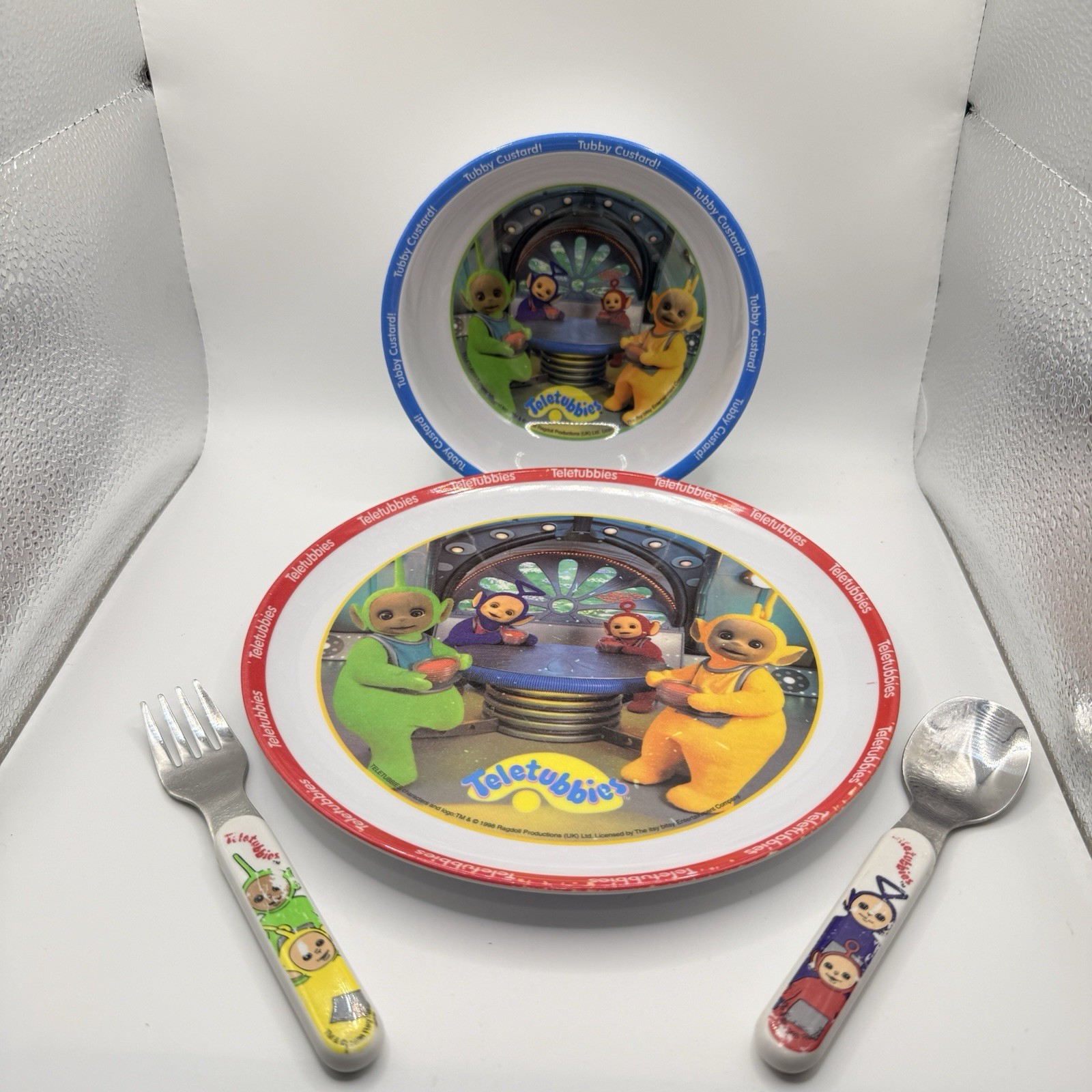 Vintage 1998 TELETUBBIES Tubby Custard Melamine Cereal Bowl & Plate w Fork Spoon Vintage 1998 TELETUBBIES Tubby Custard Melamine Cereal Bowl & Plate w Fork Spoon
