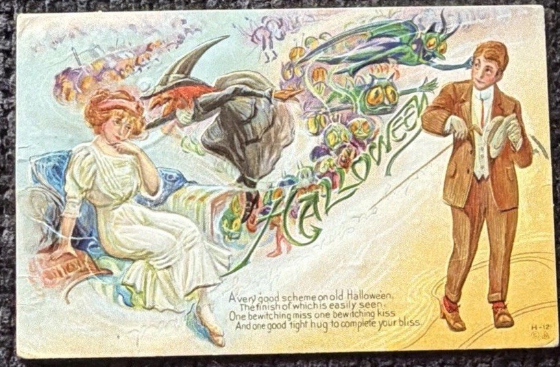 Antique Nash H-12 Embossed Halloween Postcard Witch Courtship Romance Imps c1910