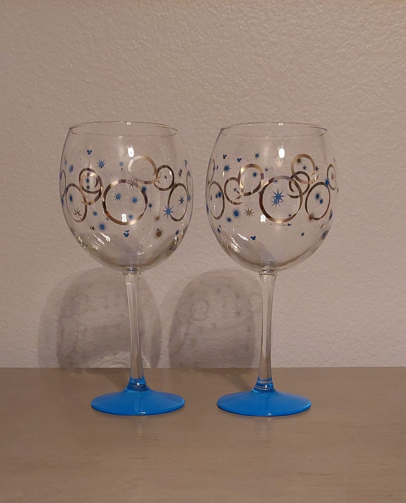 Pair of Disney Parks Gold Mickey Blue Stars And 9 Inch Stem Wine Glasses Goblets Pair of Disney Parks Gold Mickey Blue Stars And 9 Inch Stem Wine Glasses Goblets