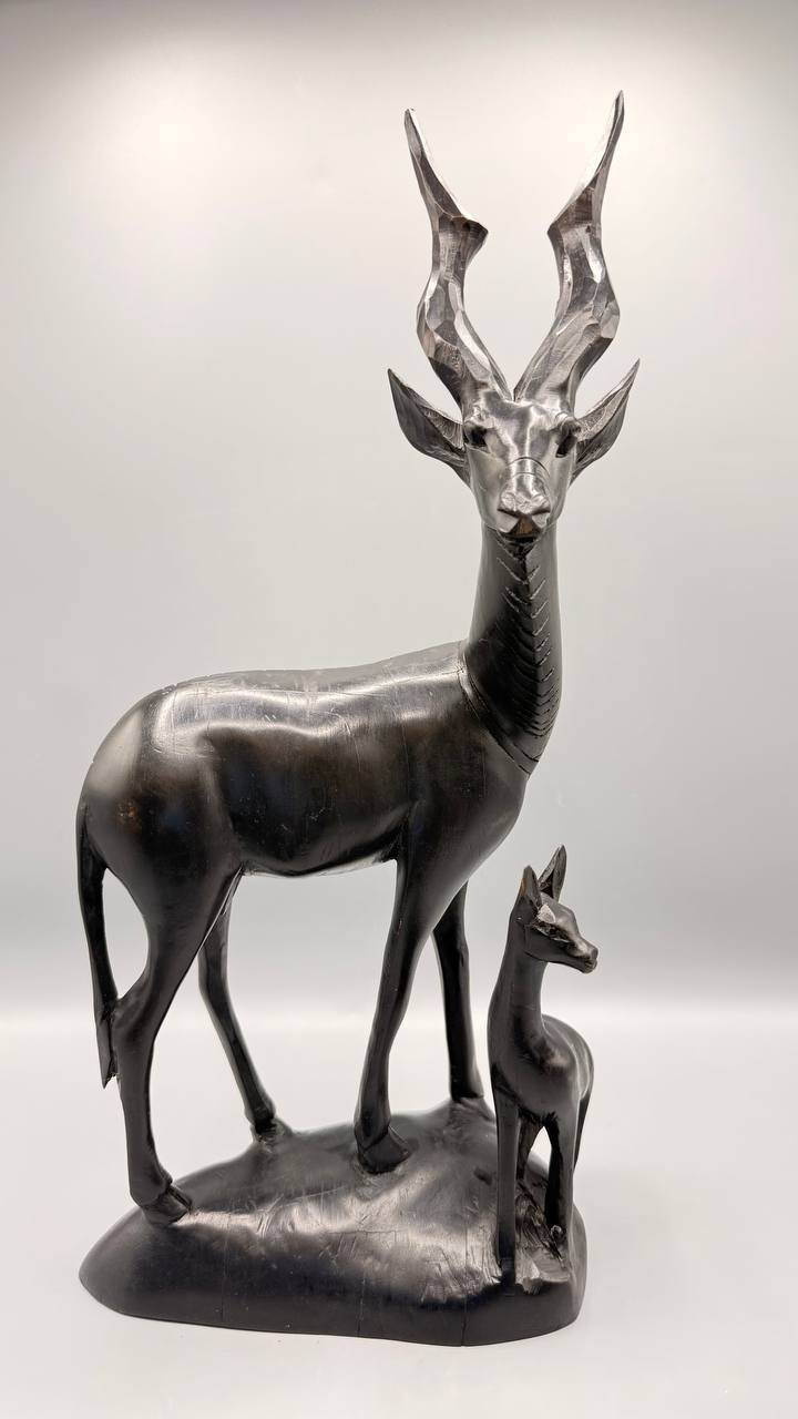 Vintage Hand Carved African Greater Kudu Antelope Wood Sculpture Pair