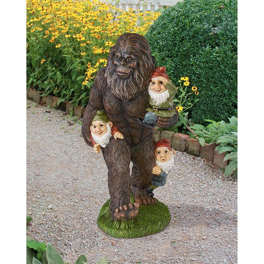 Small Mythical Legendary Bigfoot Sasquatch Yeti with Gnome Trio Garden Statue