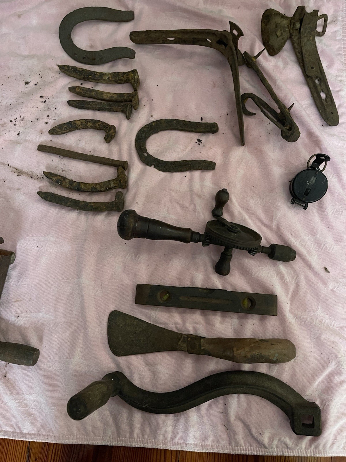 Vintage Antique Tool & Iron Hardware Lot - Old Drill, Level, Spikes & Horseshoes Vintage Antique Tool & Iron Hardware Lot - Old Drill, Level, Spikes & Horseshoes