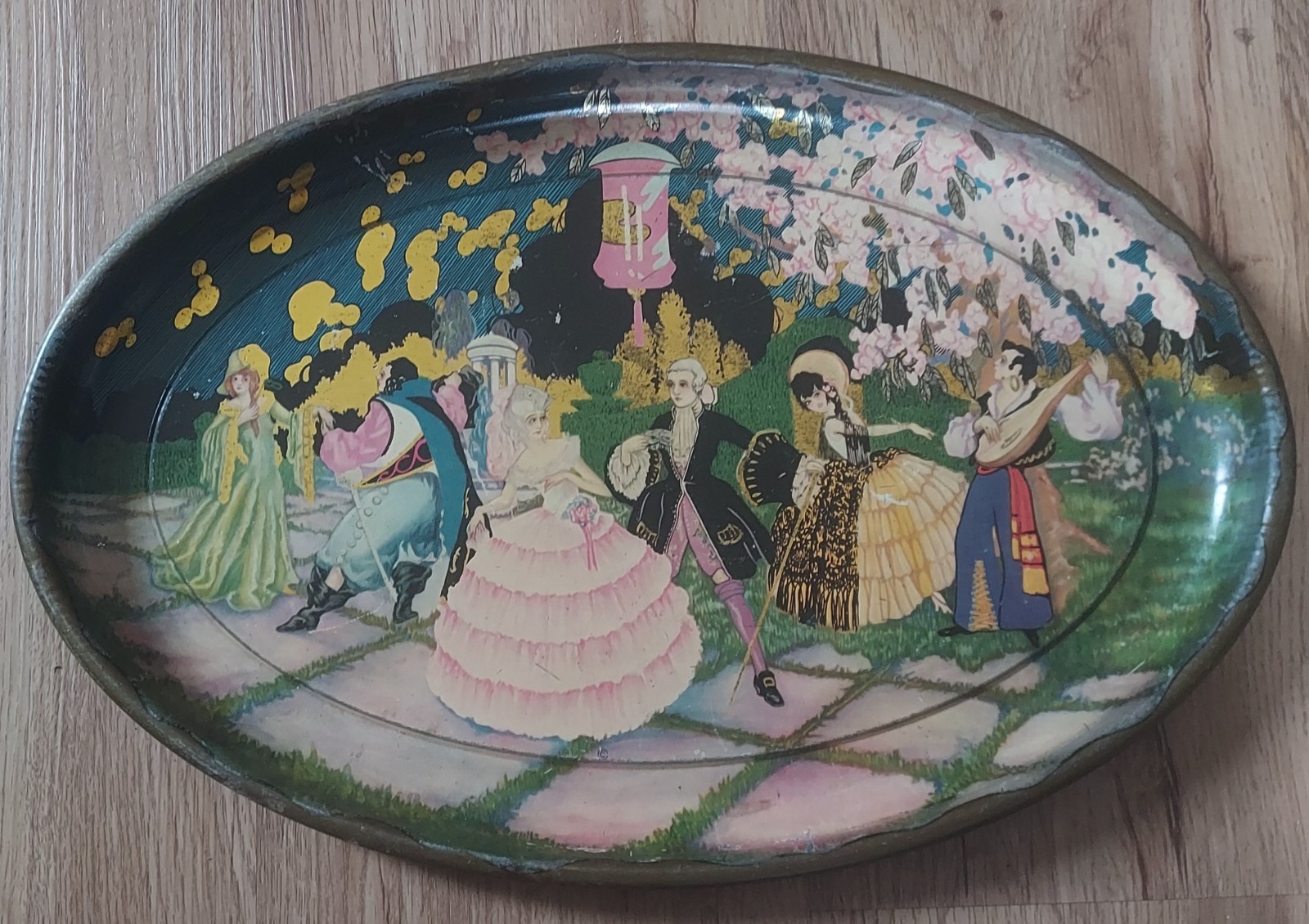 Vtg 1930s Lithographed Metal Serving Tray  French Victorian Garden Scene Barware