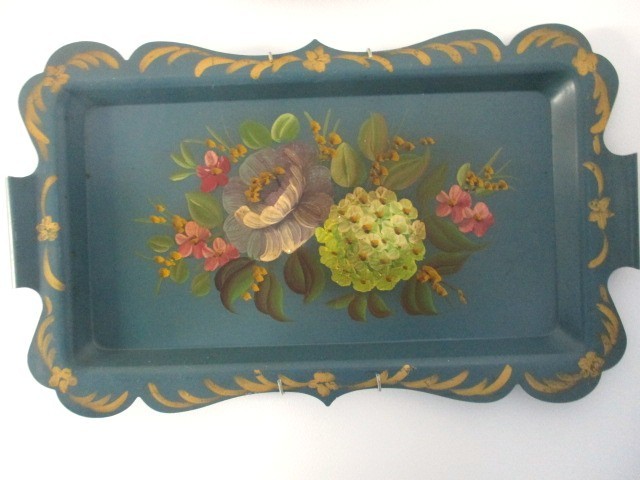 Rare Hand Painted Antique Teal Blue Serving, Display, Tole Tray w/ Hanger Rare Hand Painted Antique Teal Blue Serving, Display, Tole Tray w/ Hanger