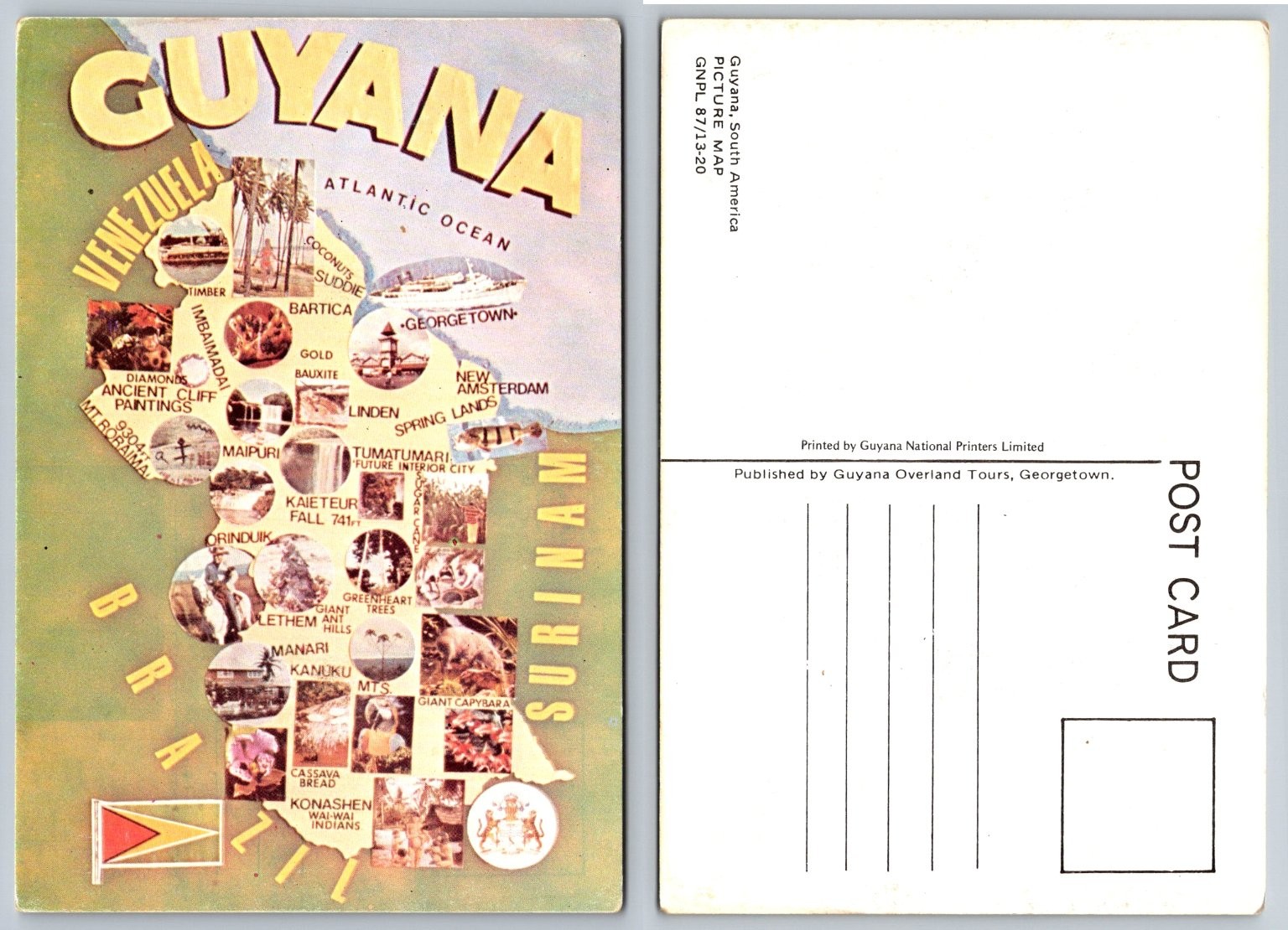 Vintage Guyana Picture Map Postcard - Georgetown Kaieteur Fall Travel Souvenir Vintage Guyana Picture Map Postcard - Georgetown Kaieteur Fall Travel Souvenir