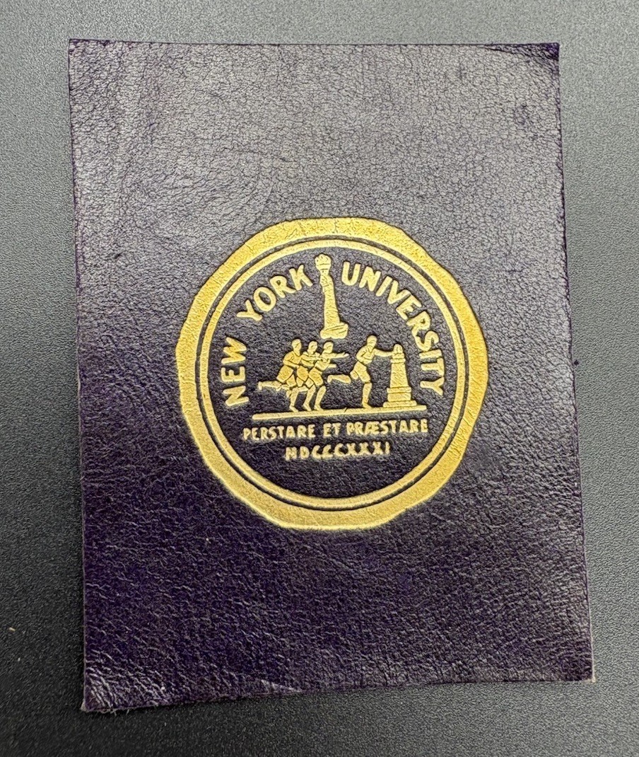 c1910 L20 New York University NYU College Seal Tobacco Leather Purple Gold