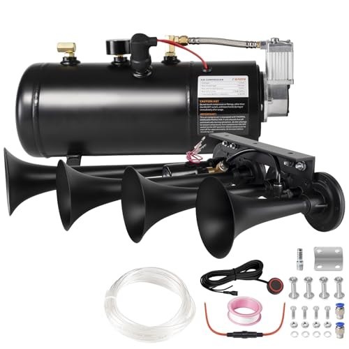 Train Horn Kit: 4 Trumpet Horns, 0.8 Gallon Air Tank, 12V Universal Train Horn Kit: 4 Trumpet Horns, 0.8 Gallon Air Tank, 12V Universal