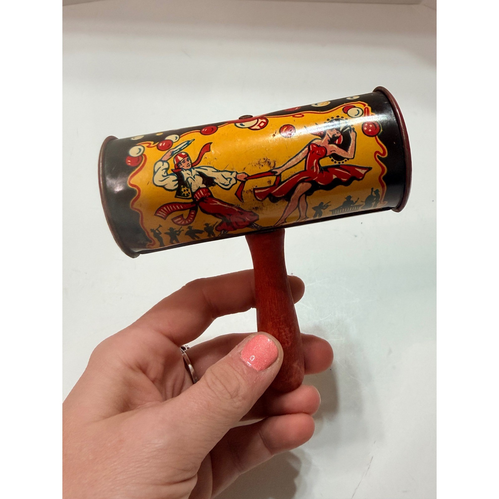 Vintage 1940 Tin Circus Noise Maker Toy Rattle Wood Handle Clown Dancer Litho Vintage 1940 Tin Circus Noise Maker Toy Rattle Wood Handle Clown Dancer Litho