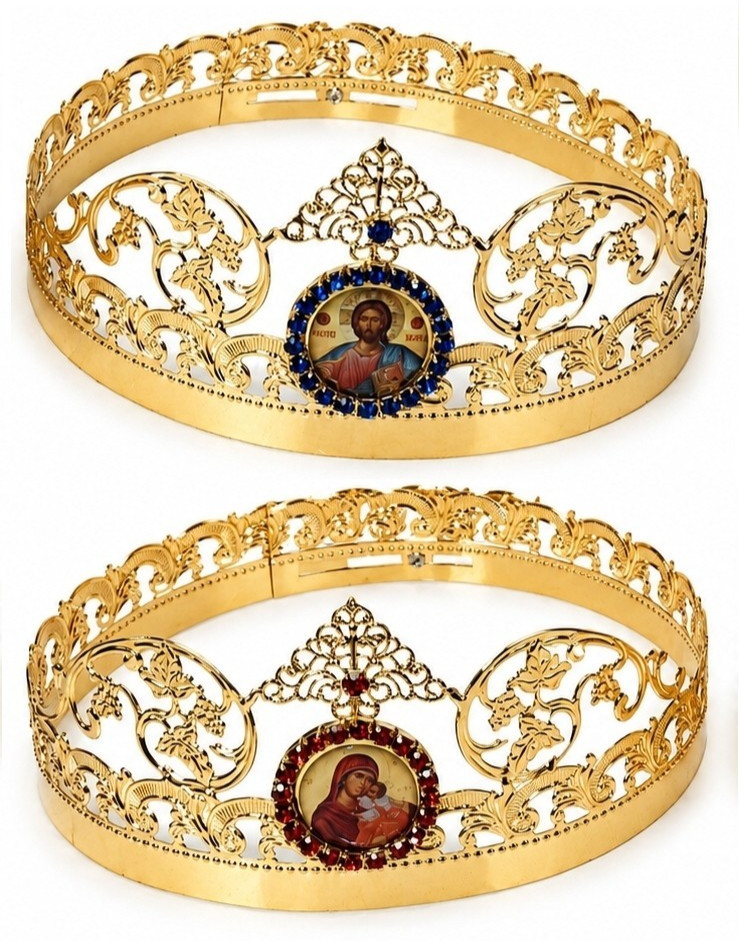 Orthodox Christian Wedding Crowns: (#2)Set of 2 Gold Plated w/Jewel Ringed Icons