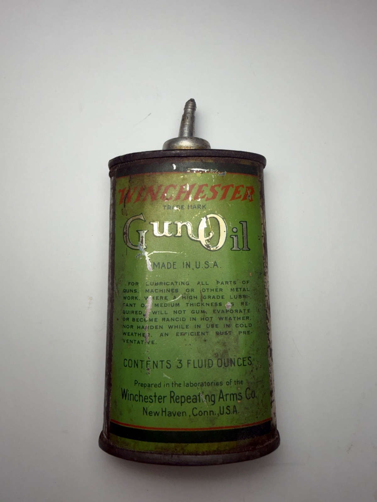 Vintage Winchester Gun Oil Can Green Tin Oiler Lead Spout Antique Firearms Empty Vintage Winchester Gun Oil Can Green Tin Oiler Lead Spout Antique Firearms Empty