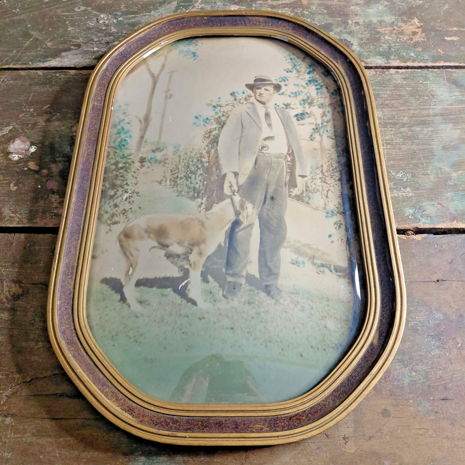 Vintage 1920s 1930s Man & Dog Portrait Convex Bubble Glass Wood Frame 11x17 Vintage 1920s 1930s Man & Dog Portrait Convex Bubble Glass Wood Frame 11x17